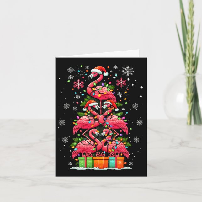 Flamingo Santa Hat Xmas Lights Christmas Tree Anim Card (Front)