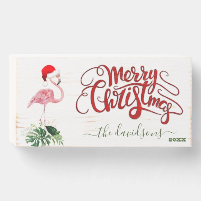 Flamingo Santa Hut Tropical Merry Christmas Wooden Box Sign (Front Horizontal)