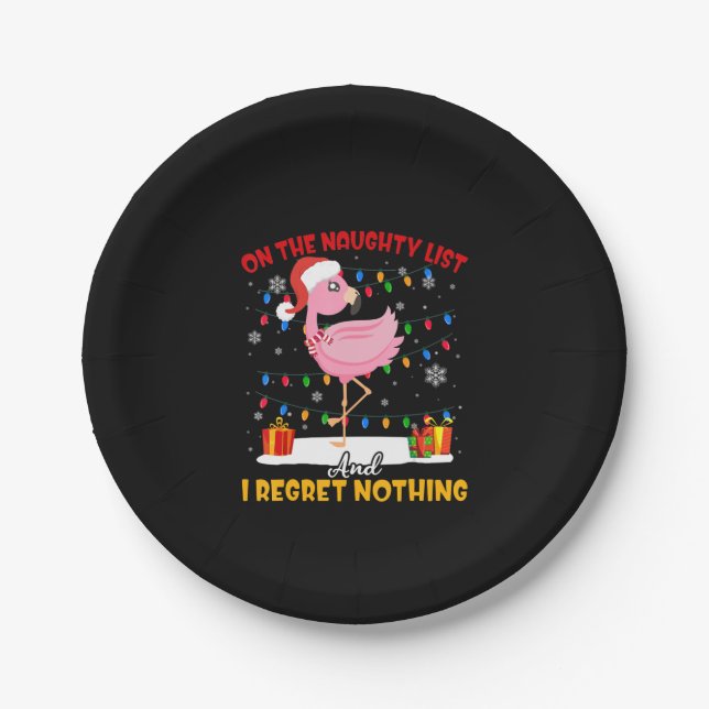 Flamingo | Santa Naughty List Flamingo Christmas Paper Plates (Front)