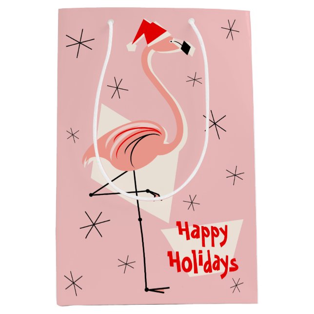 Flamingo Santa Pink Happy Holidays medium Gift Bag (Front)