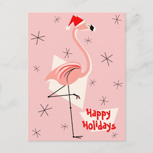Flamingo Santa Pink Happy Holidays portrait Holiday Postcard