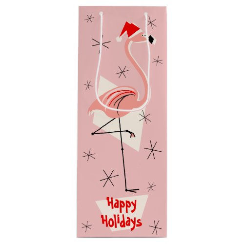 Flamingo Santa Pink Happy Holidays wine Wine Gift Bag