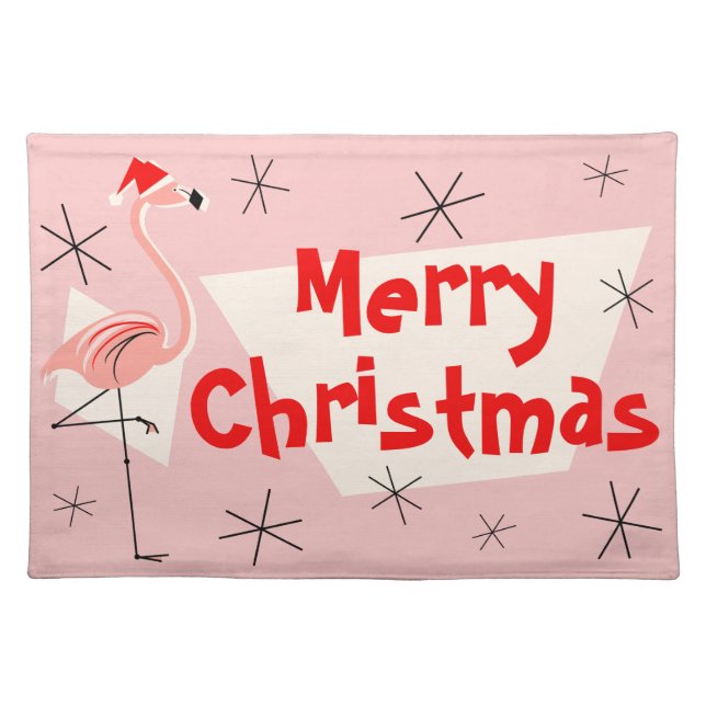 Flamingo Santa Pink Merry Christmas cloth placemat (Front)