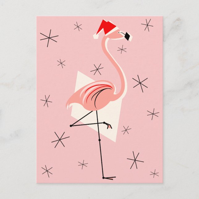 Flamingo Santa Pink portrait Holiday Postcard (Front)