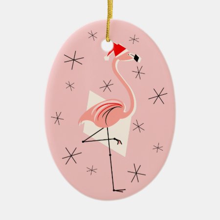 Flamingo Santa Pink Text Ornament Oval