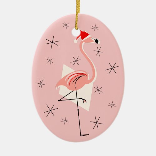 Flamingo Santa Pink Text ornament oval