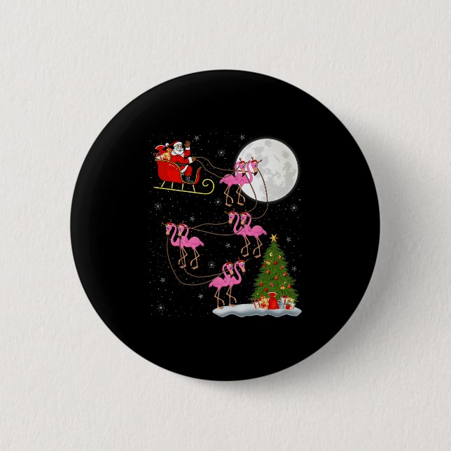 Flamingo Santa Sleigh Flying Funny Magical Christm Button (Front)