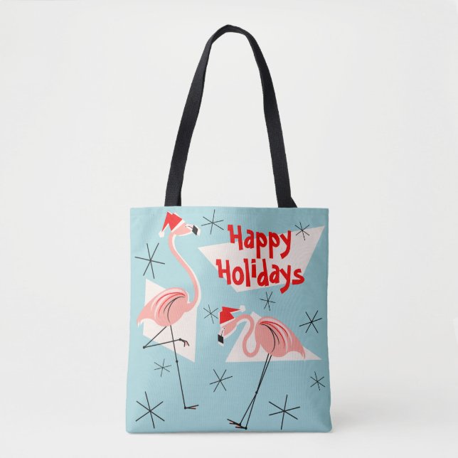 Flamingo Santas Blue Happy Holidays all over Tote Bag (Front)