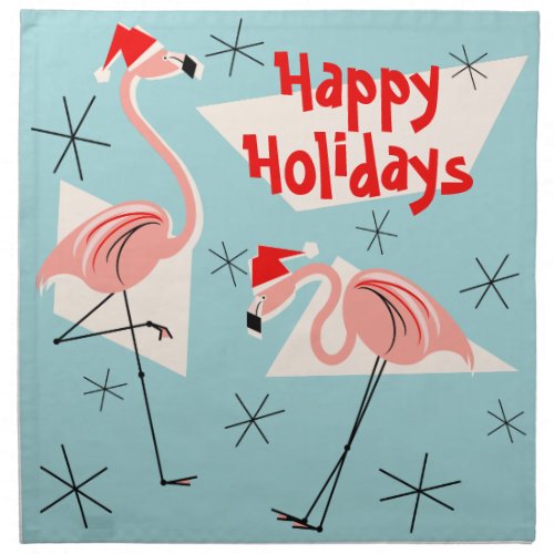 Flamingo Santas Blue Happy Holidays napkin set