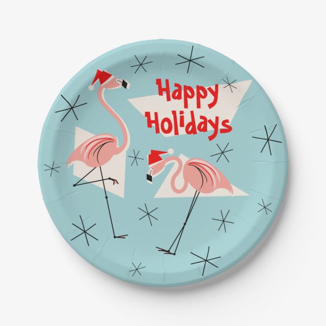 Flamingo Santas Blue Happy Holidays paper plate (Front)
