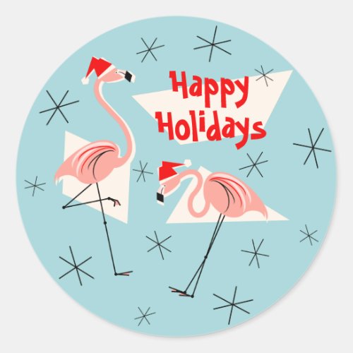 Flamingo Santas Blue Happy Holidays sticker round
