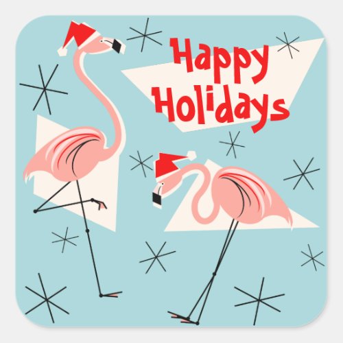 Flamingo Santas Blue Happy Holidays sticker square