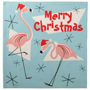 Flamingo Santas Blue Merry Christmas napkin set
