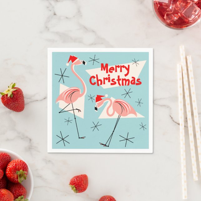 Flamingo Santas Blue Merry Christmas paper napkin (Insitu)
