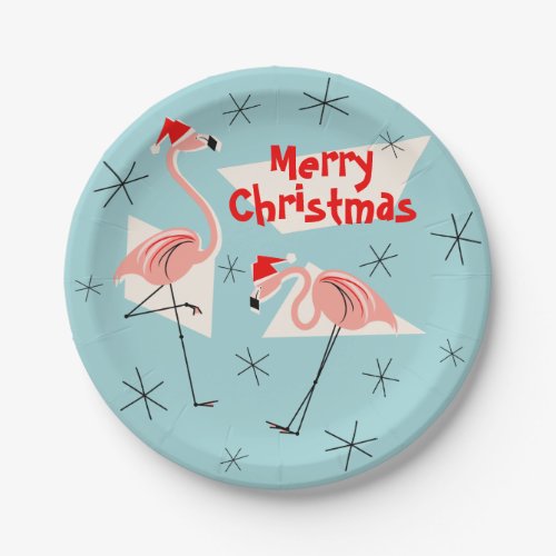 Flamingo Santas Blue Merry Christmas paper plate