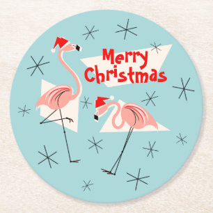 Flamingo Santas Blue Merry Christmas round Round Paper Coaster