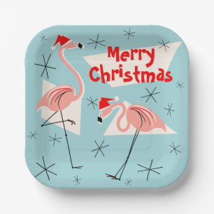 Flamingo Santas Blue Merry Christmas square Paper Plates
