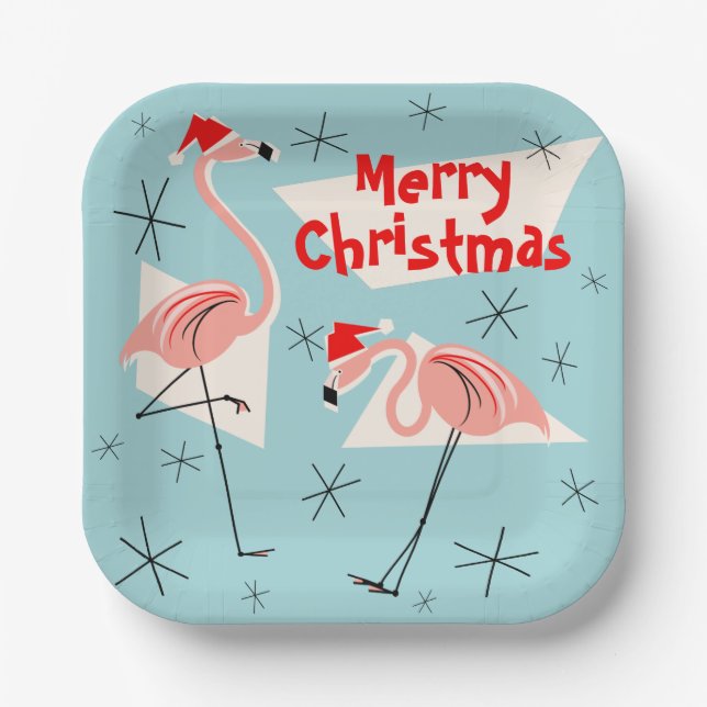 Flamingo Santas Blue Merry Christmas square Paper Plates (Front)
