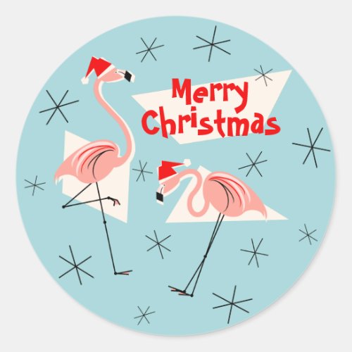 Flamingo Santas Blue Merry Christmas sticker round