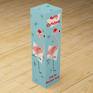 Flamingo Santas Blue Merry Christmas text Wine Box
