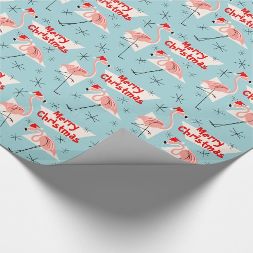 Flamingo Santas Blue Merry Christmas Wrapping Paper