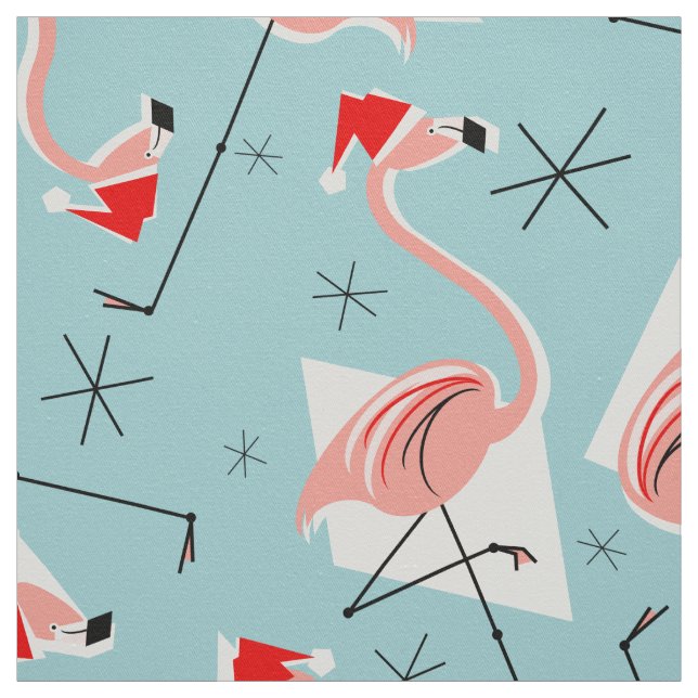 Flamingo Santas Blue Multi large pattern fabric (Swatch)