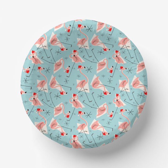 Flamingo Santas Blue Multi Paper Bowls (Front)