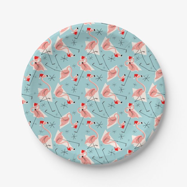 Flamingo Santas Blue Multi paper plate (Front)