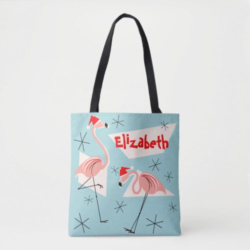 Flamingo Santas Blue Name all over Tote Bag