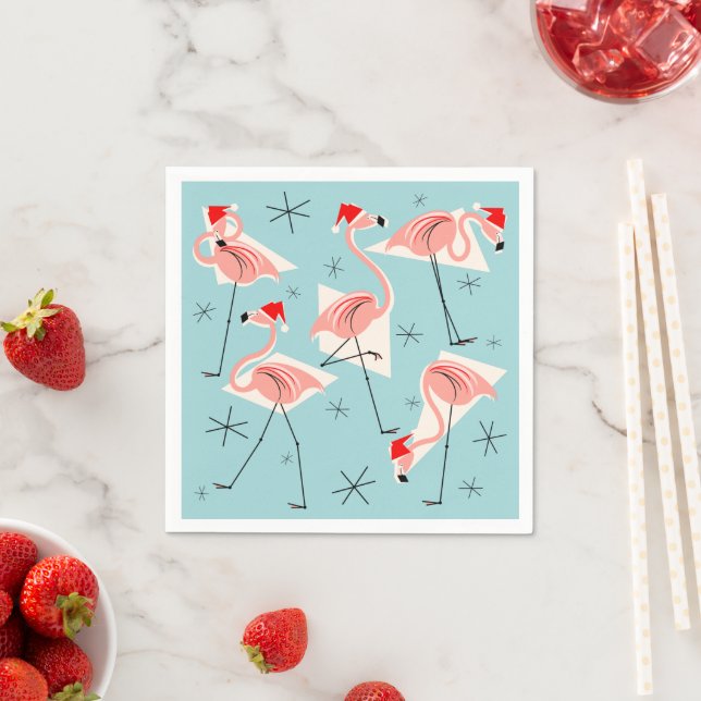 Flamingo Santas Blue paper napkin (Insitu)