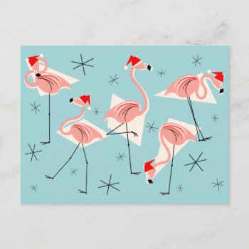Flamingo Santas Blue Postcard by QuirkyChic at Zazzle