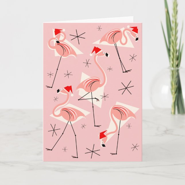 Flamingo Santas Pink greetings card portrait (Front)