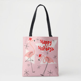 Flamingo Santas Pink Happy Holidays all over Tote Bag