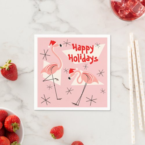 Flamingo Santas Pink Happy Holidays paper napkin