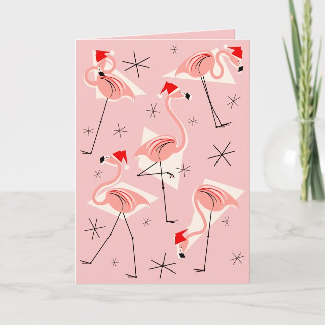 Flamingo Santas Pink Happy Holidays pink Holiday Card (Front)