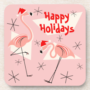 Flamingo Santas Pink Happy Holidays plastic Drink Coaster