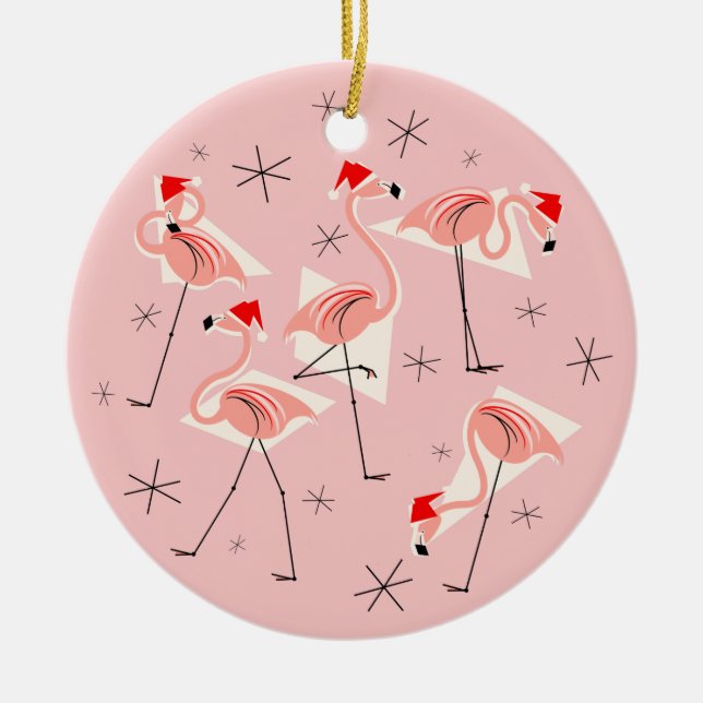 Flamingo Santas Pink Happy Holidays round Ceramic Ornament (Front)