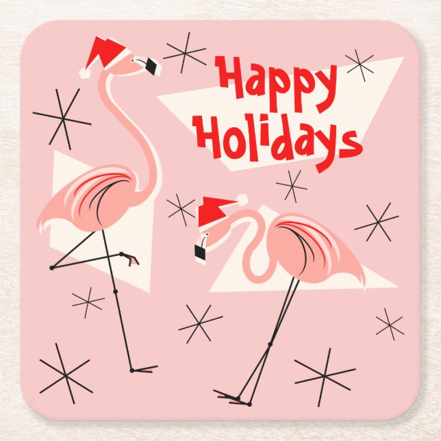 Flamingo Santas Pink Happy Holidays square Paper Coaster (Front)