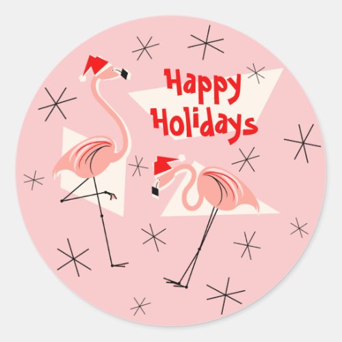 Flamingo Santas Pink Happy Holidays sticker round