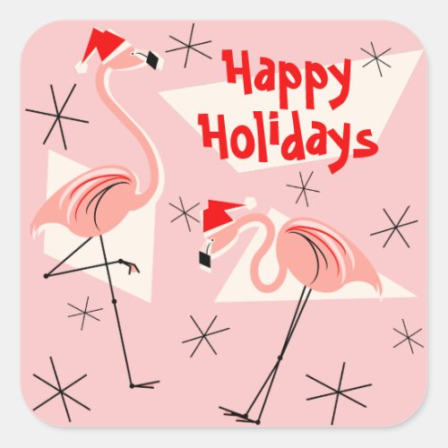 Flamingo Santas Pink Happy Holidays sticker square