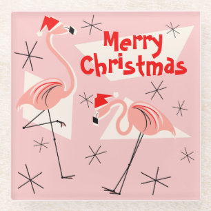 Flamingo Santas Pink Merry Christmas coaster