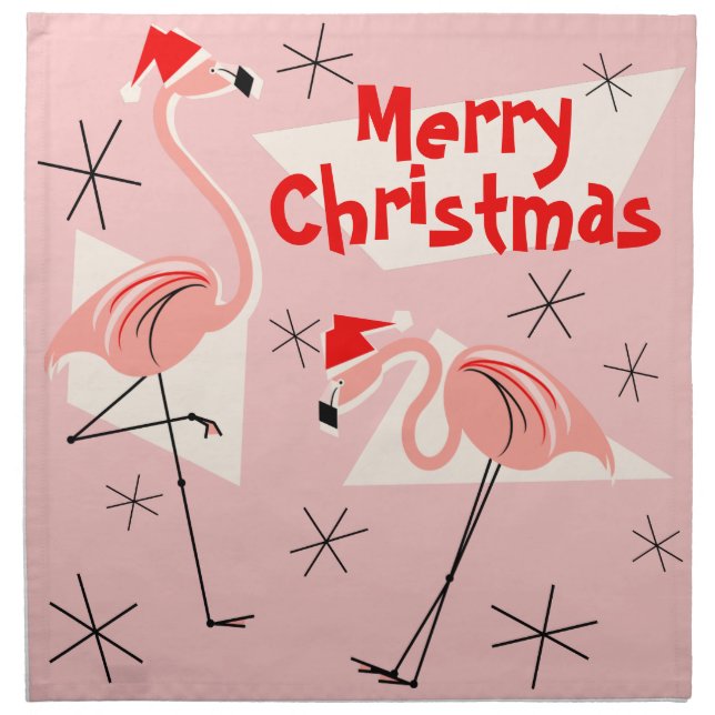 Flamingo Santas Pink Merry Christmas napkin set (Front)