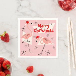Flamingo Santas Pink Merry Christmas paper napkin