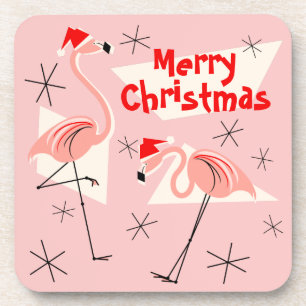 Flamingo Santas Pink Merry Christmas plastic Beverage Coaster