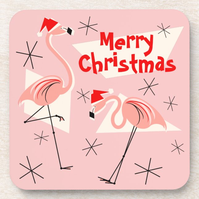 Flamingo Santas Pink Merry Christmas plastic Beverage Coaster (Front)