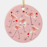 Flamingo Santas Pink Merry Christmas round Ceramic Ornament