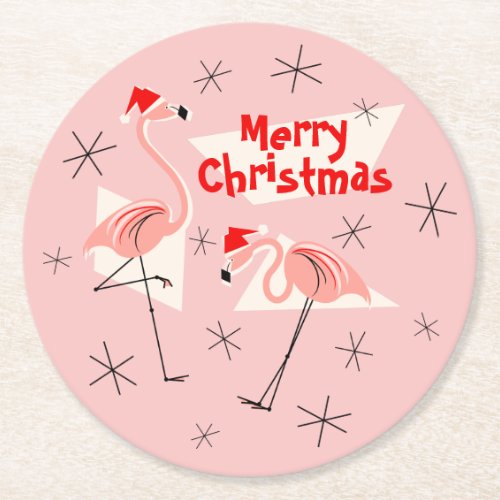 Flamingo Santas Pink Merry Christmas round Round Paper Coaster