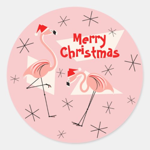 Flamingo Santas Pink Merry Christmas sticker round