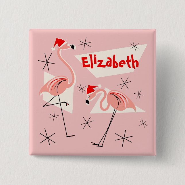 Flamingo Santas Pink Name button square (Front)
