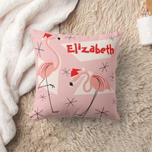 Flamingo Santas Pink Name square Throw Pillow